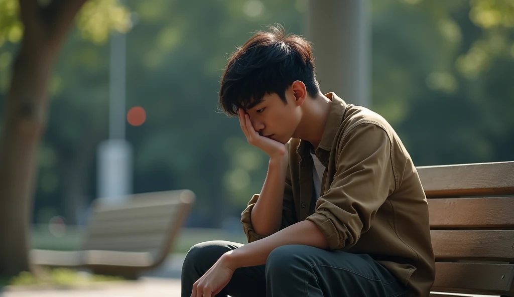 Young man sitting on a bench thinking and bowing his head. Detail 4k. Man from front.