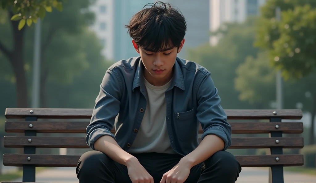 Young man sitting on a bench thinking and bowing his head. Detail 4k. Man from front.