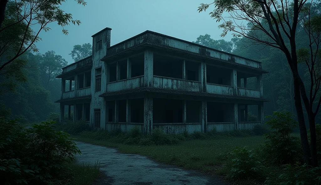 (Masterpiece:1.2,Highest quality,Ultra high resolution,very detailed,realistic,Ultra high resolution,8ก,Wallpaper,(Photographing an abandoned hospital),(ภาพแสดงรายละเอียดเวลาnighttimeมีต้นไม้รกปกคลุมด้านหลังตึก),nighttime,Thailand,The quiet and eerie landscape,horror