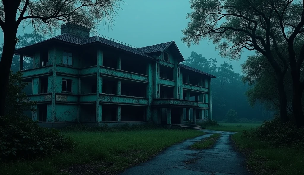 (Masterpiece:1.2,Highest quality,Ultra high resolution,very detailed,realistic,Ultra high resolution,8ก,Wallpaper,(Photographing an abandoned hospital),(ภาพแสดงรายละเอียดเวลาnighttimeมีต้นไม้รกปกคลุมด้านหลังตึก),nighttime,Thailand,The quiet and eerie landscape,horror