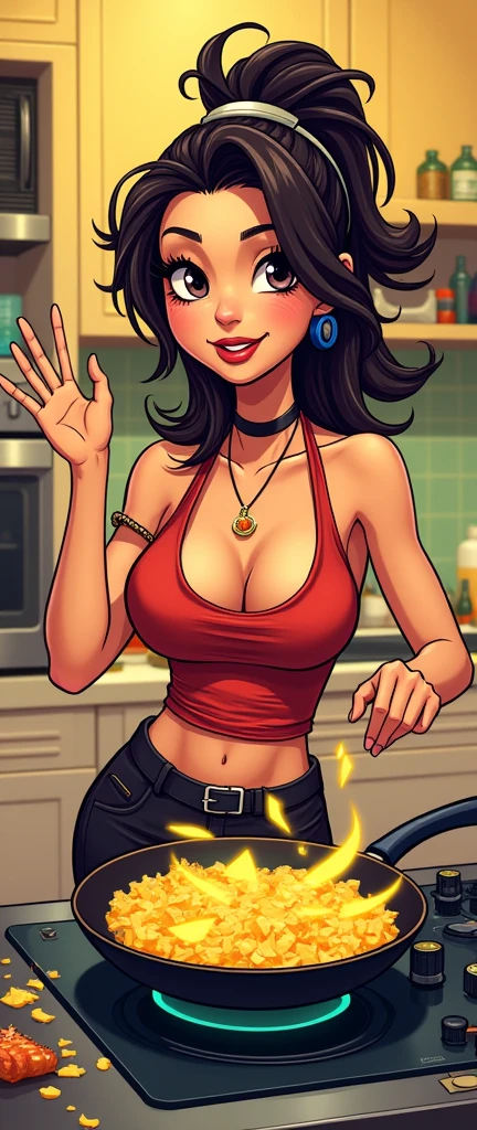 chief female DJ DJing frying pan on stove cooking cheese rap gestures