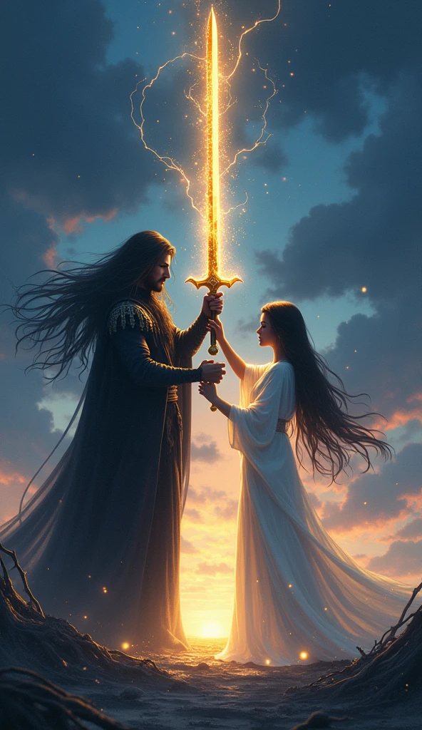 "In a sacred clearing under the night sky, Vortex, with his long black hair flowing and clad in his signature dark attire, holds the glowing golden sword aloft. Beside him stands the young female shaman, dressed in pure white robes. She channels her energy into the ritual, her hands emitting a soft, radiant light as she assists in restoring the kingdom's lost power. The contrast between Vortex's dark figure and the shaman's bright appearance highlights their unique roles in the ritual. The atmosphere is filled with a serene and powerful energy, as the light from the sword begins to spread across the land, dispelling the darkness that once held the kingdom in its grip. The two figures stand united, their combined efforts bringing hope and renewal to the kingdom."