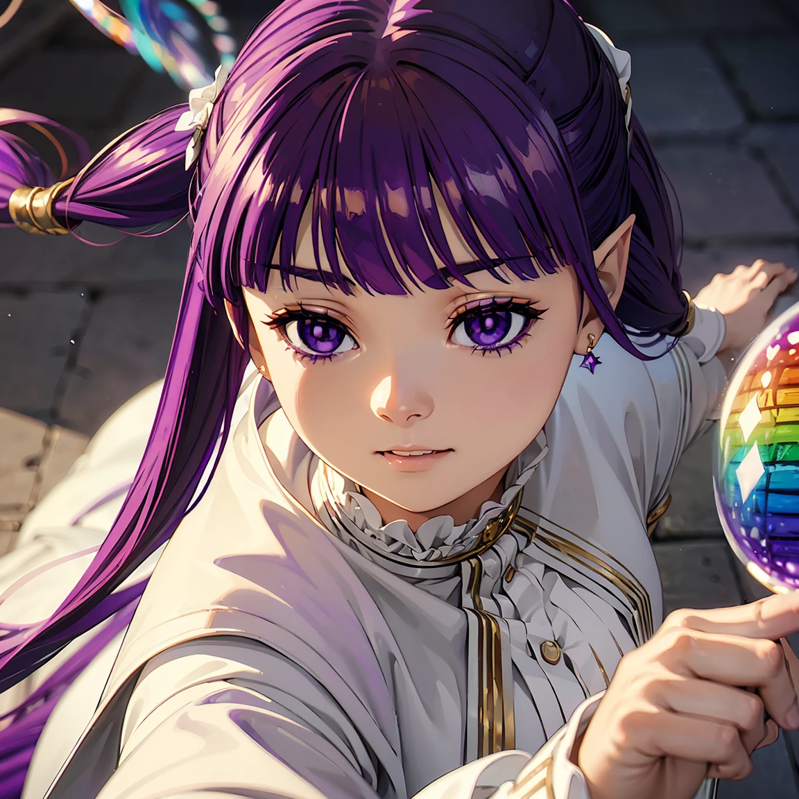 fern, long hair, bangs, (purple eyes:1.1), (((purple hair:1.5))), sidelocks, blunt bangs, (bright pupils:1.5), half updo,
long sleeves, dress, white dress, long dress, robe, black robe,--(((Fairy and elven women walking on a carpet of rainbow-colored soap bubbles, 1.3))), (16k, 8K, Raw, highest quality, masterpiece 1.2), Ultra HD, high resolution, high quality, best quality, (((full body image 1.3))), (((unreal space 1.3))), best quality, ultra high definition, incredibly absurd, highly detailed, 2.5D, beautiful goddess, (((pastel clouds 1.3))),, sunlight, pop art, (((delicate dynamic effect combining the taste of oil painting and watercolor 1.3))), (((rainbow fantasy 1.3))),-, Frielen, girl 1 Person, shiny silver long hair, long and pointy ears like an elf, twin tails, jewelry, elf, earrings, capelet, white capelet, long sleeves, black and white striped shirt, parted bangs, pure white dress, belt, flower , perfect anatomy, perfect proportions, nice lighting, bright colors, clean lines, information, blurred, stunning facial expression, restless emotions, gorgeous and cute, beautiful face and eyes in every detail, (masterpiece) beautiful face, young and handsome girl, really perfect skin, blurred, stunning facial expression, restless emotions, gorgeous and cute, beautiful face and eyes in every detail, (Audrey Hepburn), (cute), (J-POP idol), (thighs, (depth of field), (depth of field), soft light, shining lens gaze, (droopy eyes), straight teeth, shy smile, fluttering hair, a scene from Blake's movie,