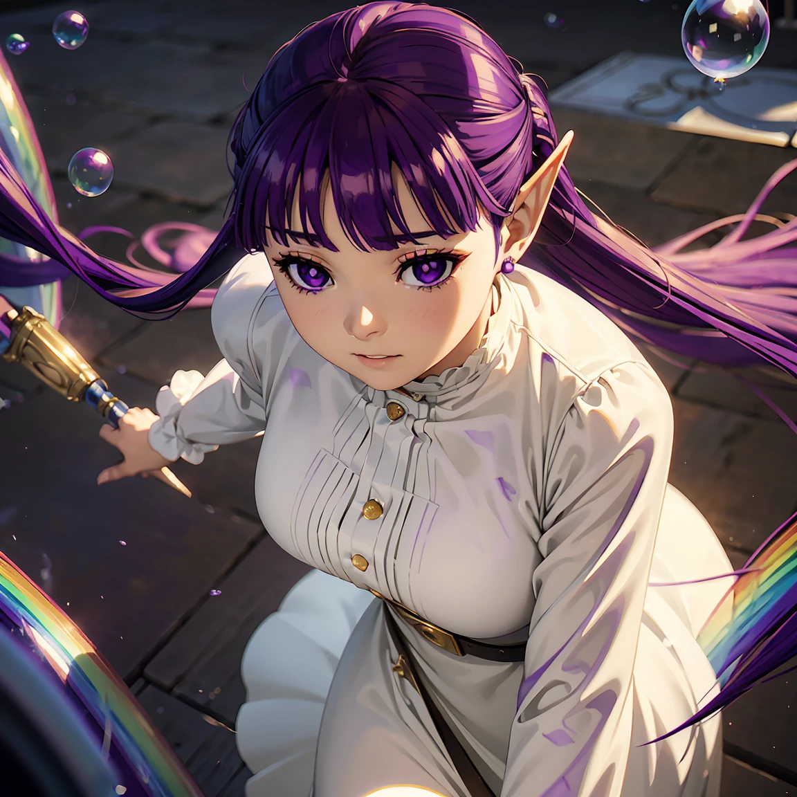 fern, long hair, bangs, (purple eyes:1.1), (((purple hair:1.5))), sidelocks, blunt bangs, (bright pupils:1.5), half updo,
long sleeves, dress, white dress, long dress, robe, black robe,--(((Fairy and elven women walking on a carpet of rainbow-colored soap bubbles, 1.3))), (16k, 8K, Raw, highest quality, masterpiece 1.2), Ultra HD, high resolution, high quality, best quality, (((full body image 1.3))), (((unreal space 1.3))), best quality, ultra high definition, incredibly absurd, highly detailed, 2.5D, beautiful goddess, (((pastel clouds 1.3))),, sunlight, pop art, (((delicate dynamic effect combining the taste of oil painting and watercolor 1.3))), (((rainbow fantasy 1.3))),-, Frielen, girl 1 Person, shiny silver long hair, long and pointy ears like an elf, twin tails, jewelry, elf, earrings, capelet, white capelet, long sleeves, black and white striped shirt, parted bangs, pure white dress, belt, flower , perfect anatomy, perfect proportions, nice lighting, bright colors, clean lines, information, blurred, stunning facial expression, restless emotions, gorgeous and cute, beautiful face and eyes in every detail, (masterpiece) beautiful face, young and handsome girl, really perfect skin, blurred, stunning facial expression, restless emotions, gorgeous and cute, beautiful face and eyes in every detail, (Audrey Hepburn), (cute), (J-POP idol), (thighs, (depth of field), (depth of field), soft light, shining lens gaze, (droopy eyes), straight teeth, shy smile, fluttering hair, a scene from Blake's movie,