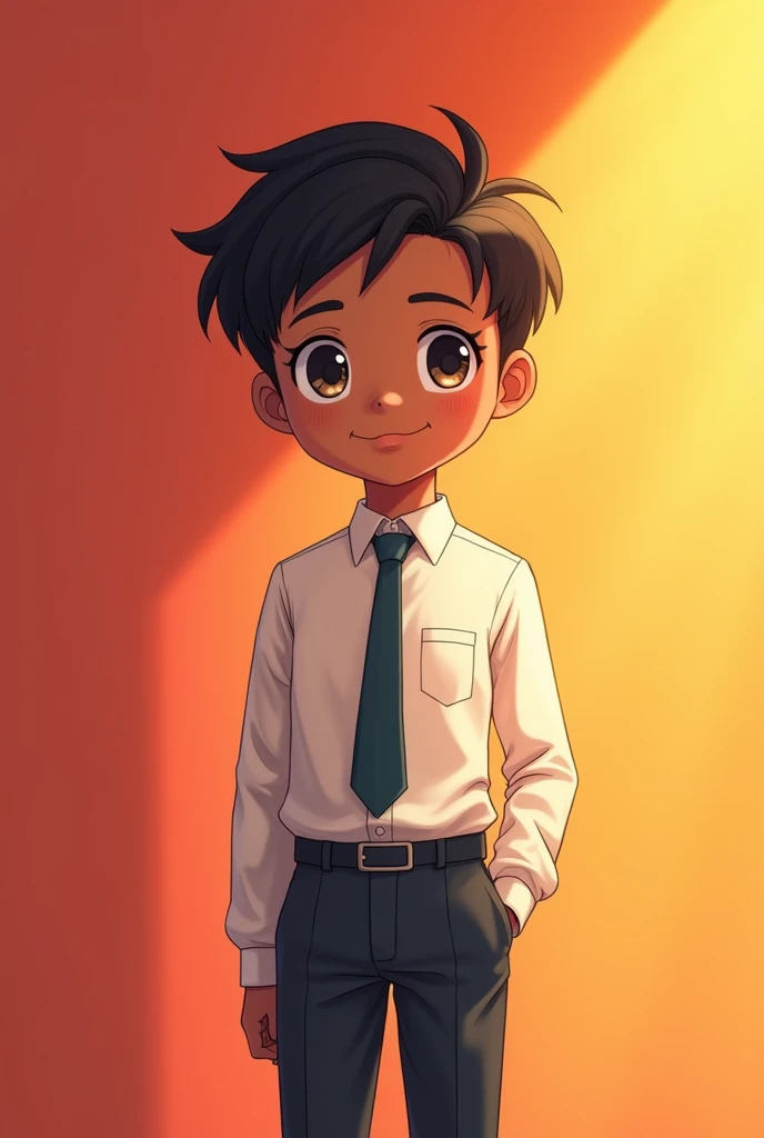 Happy shy anime boy ,dark skin colour, wearing formal shirt and pants and tie, background colour was Red and yellow mixed.