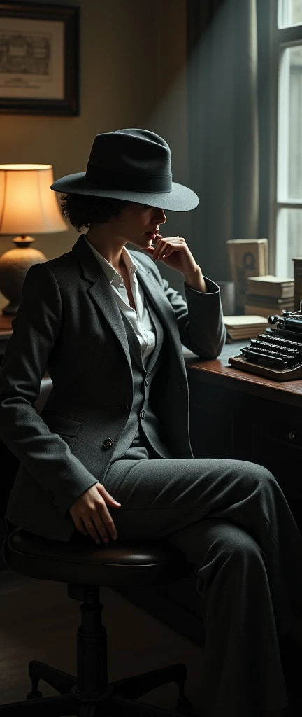 Chicago 1920s LA noir style detective female in Gangster Moll Look with grey suit and bola hat in office swagger badass recline at computer rap getsures shadow silhouette