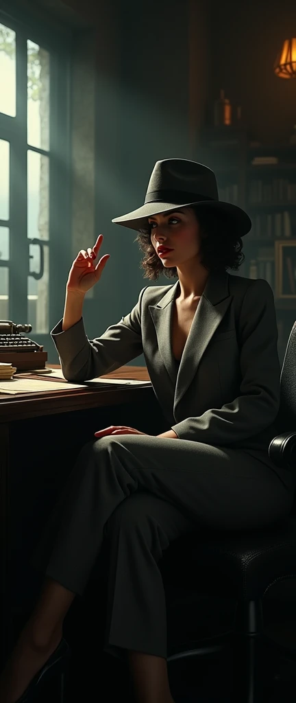 Chicago 1920s LA noir style detective female in Gangster Moll Look with grey suit and bola hat in office swagger badass recline at computer rap getsures shadow silhouette