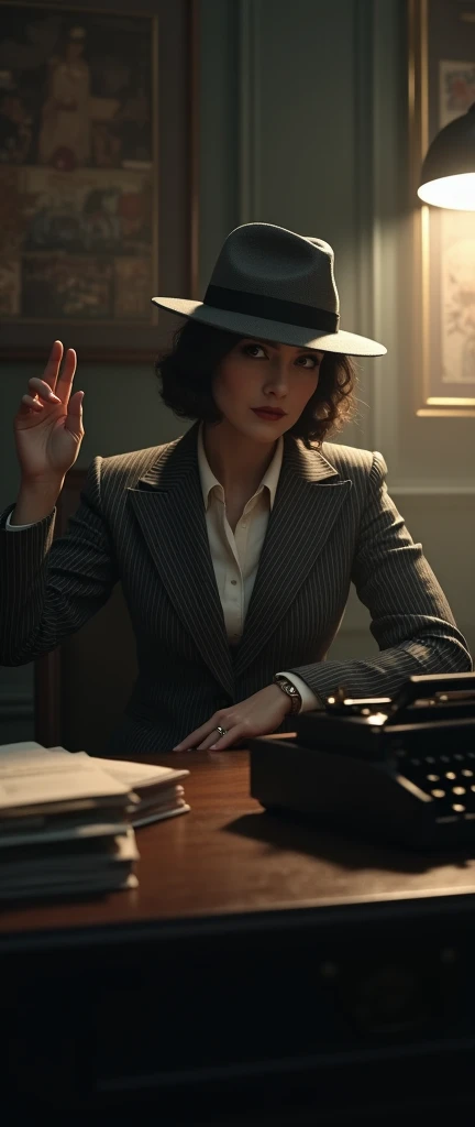 Chicago 1920s LA noir style detective female in Gangster Moll Look with grey suit and bola hat in office swagger badass recline at computer rap getsures shadow silhouette