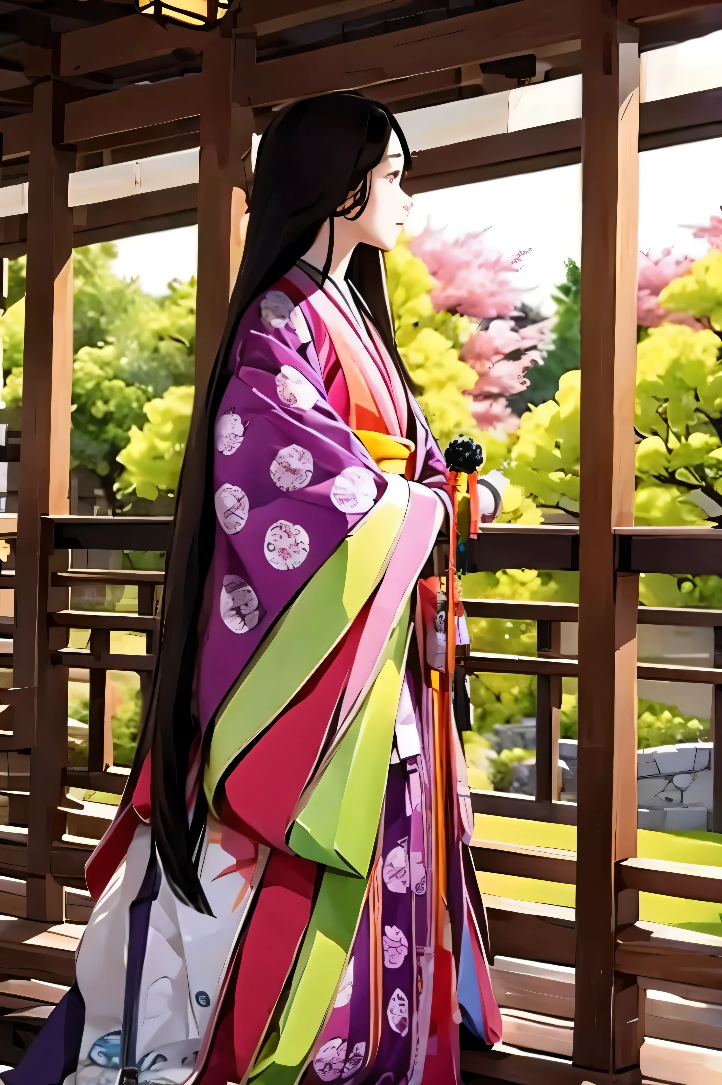 (masterpiece, Highest quality:1.2), One girl, June, alone, From behind, Very long black hair, Purple and Red Tangyi,  White Moscato, Holding (Open burdock), Blur the background, Sleeve Cuff Precise Depiction, No background,
