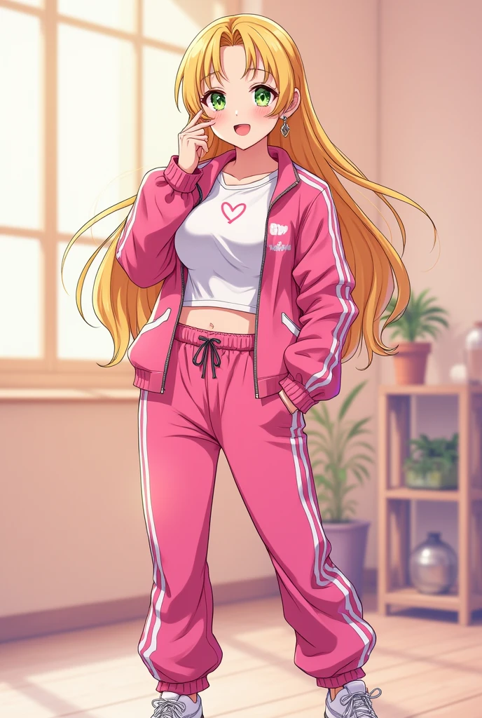 19-year-old fantasy anime woman with gold earrings, gold and silver ring on her finger. A set of pink jacket and pants with white lines and a heart pattern on the jacket, D-cup breasts and balanced body, simple and shiny white t-shirt under the jacket, shiny green eyes, beautiful and kind face, golden hair. White sports shoes. Excited with a blushed face