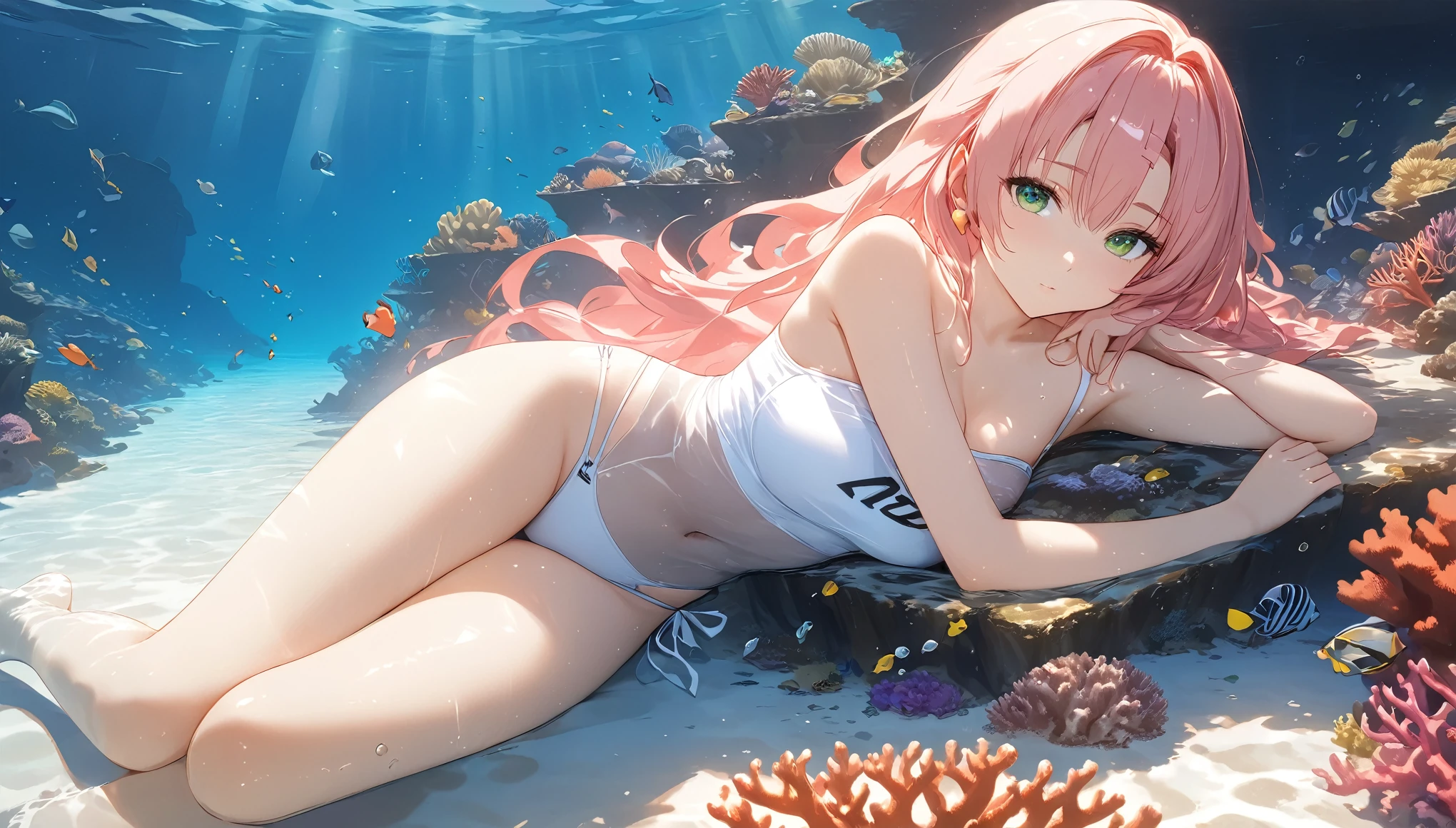 masterpiece,high resolution,Anime Art,Anime Numbers, 4k anime wallpaper,Soft Light,Radiant Skin,Looking at the camera,Solitary,An anime girl,Pink long hair,Green eyes,Lying on your side,White swimsuit,thigh,seabed,Coral Reef