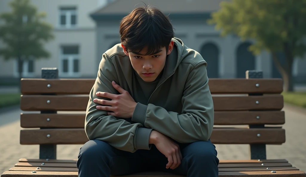 Young man sitting on a bench thinking and bowing his head. Detail 4k. Man from front.
