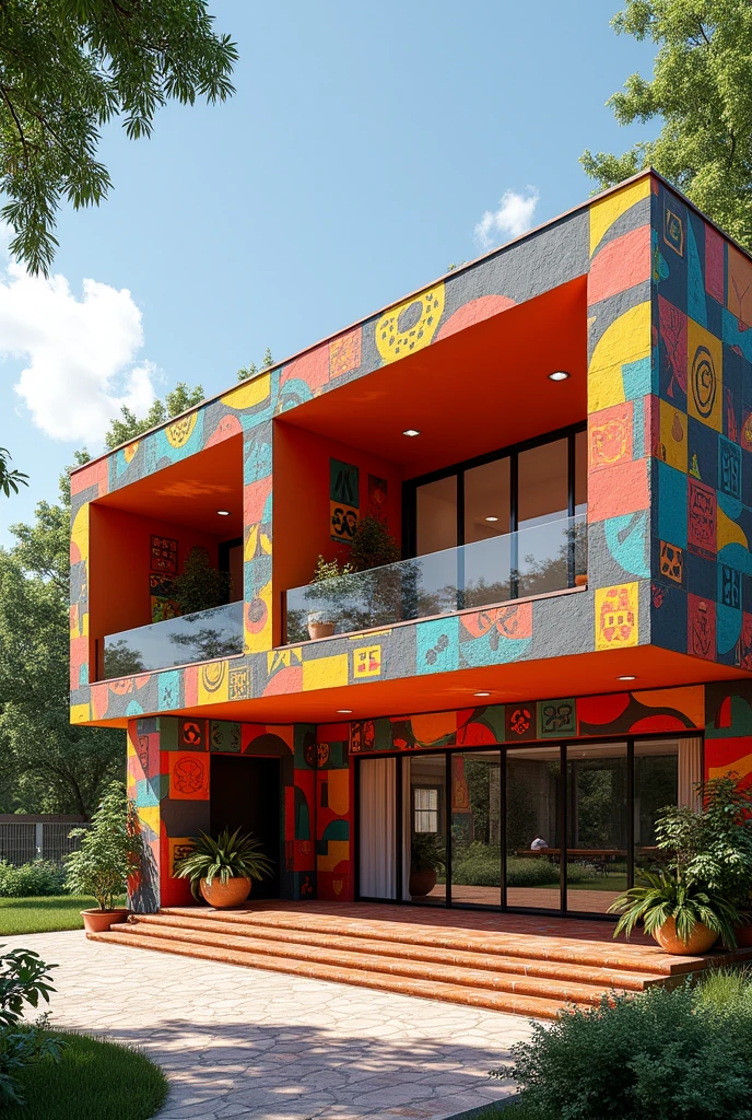 Two-story building inspired by Mamani Mamani art from Cochabamba with functional spatial organization and straight morphology , with wide stands outside with ramps for the disabled with green gardens with natural lighting and ventilation open space
