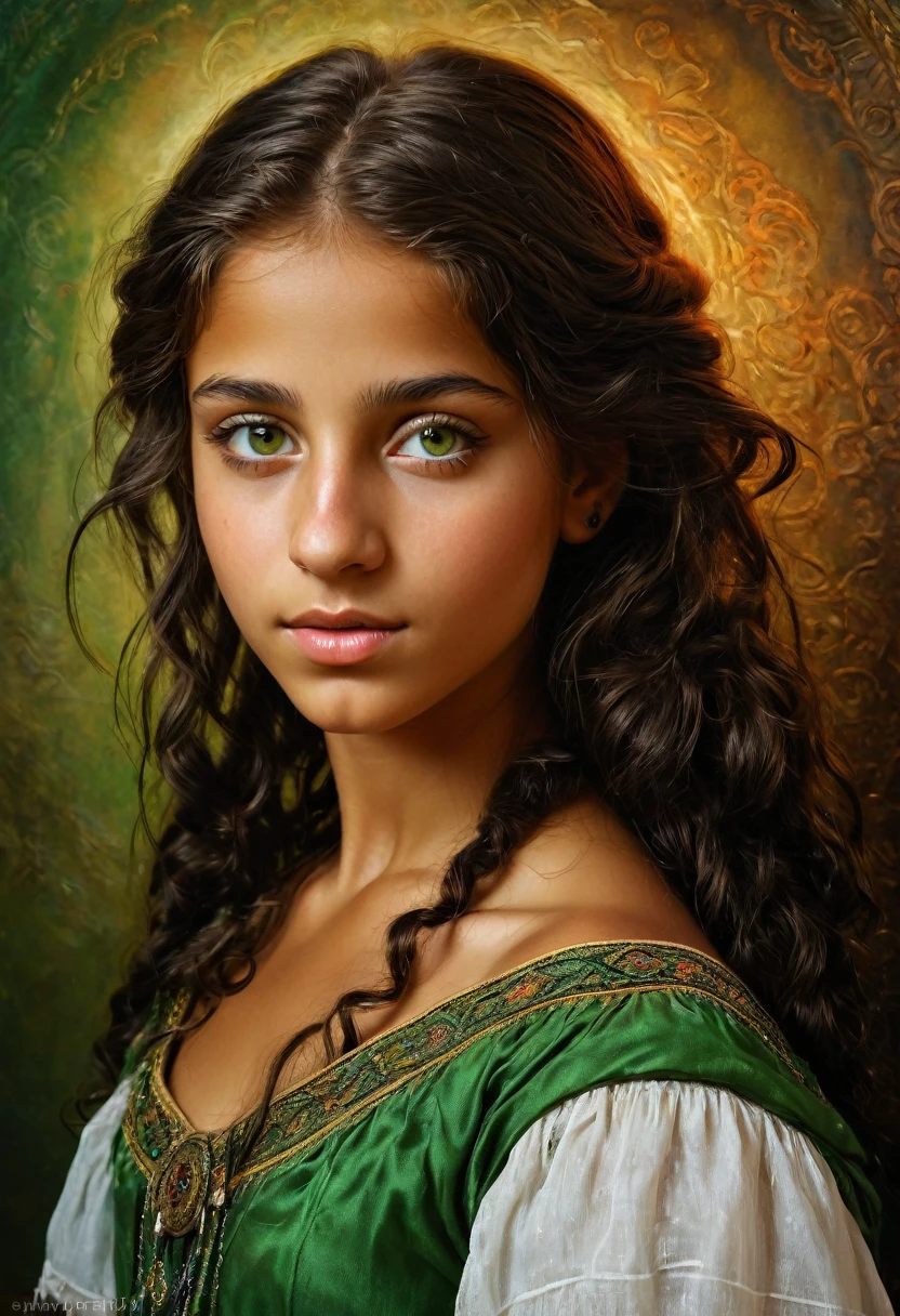 (high resolution,work of art:1.2),(realisitic:1.37), A portrait of a beautiful 15 year old gypsy girl, detailed green eyes, an exotic and exquisite beauty, a work of art of a skilled artist's rendering of the life force of a young girl. The portrait is created in the style of classical portraiture, reminiscent of the works of renowned artists of the time. A great work of art of the century, you can even feel the excited girl's breath, , perfect make-up, long eyelashes, sexy seductive, black gypsy national costume, Red lips,
