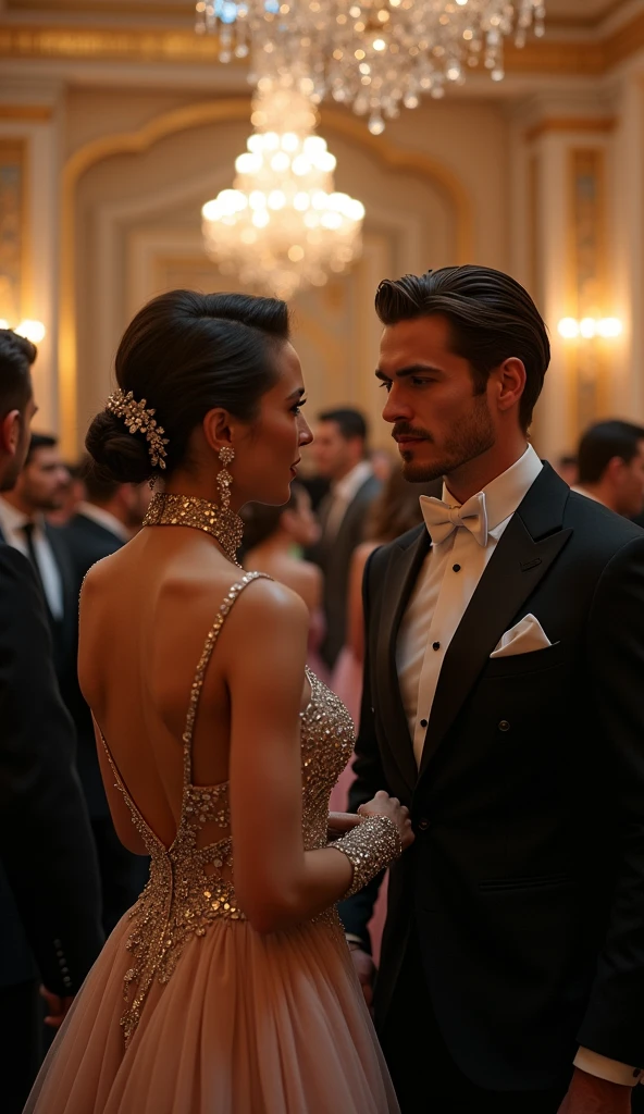 A charity event in an elite hall. Close-up, view slightly from above. 

In the center of attention are elegant ladies in luxurious evening dresses, they are accompanied by respectable wealthy men in expensive suits. High hairstyles of ladies are decorated with shining accessories, creating a sense of festive atmosphere.

Among the guests one can notice several skillfully disguised cyborgs, whose mechanical parts are skillfully woven into their images, blending in with their surroundings. One of them, Alexander, lingers his gaze on a charming guest named Victoria, sensing something familiar about her.

A casual conversation ensues between Alexander and Victoria, in which their hidden past gradually reveals itself. Despite the elite setting, their interaction is filled with personal charm and hidden passion.

The overall atmosphere of the evening is festive and celebratory, filled with a sense of charity and the high status of the guests. However, the focus is on the secret relationship between two cyborgs whose bond goes beyond mere human interaction, best quality, high quality, absurdres, masterpiece, beautiful, intricate details, 1/2 body crop, slim body, beautiful figure, magnificent ???????, (intricate details:1.12), HDR, (intricate details, hyper-detailing:1.15), (natural skin textures, hyper realisitc, soft light, Sharp:1.2)