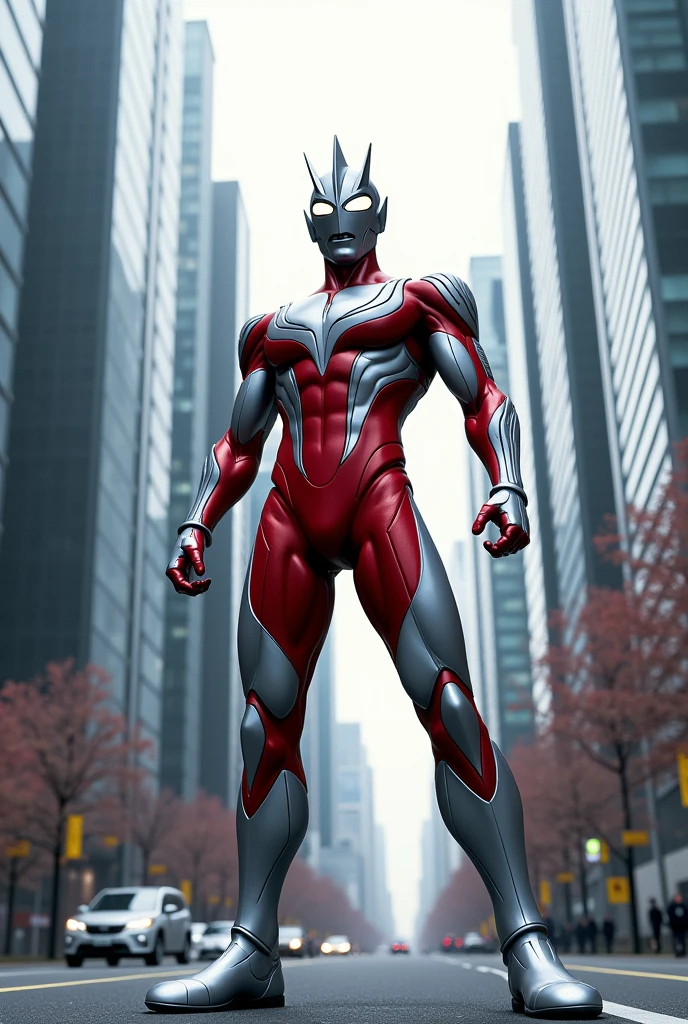 Ultraman in a fighting stance, bg isModern urban architectural landscape
