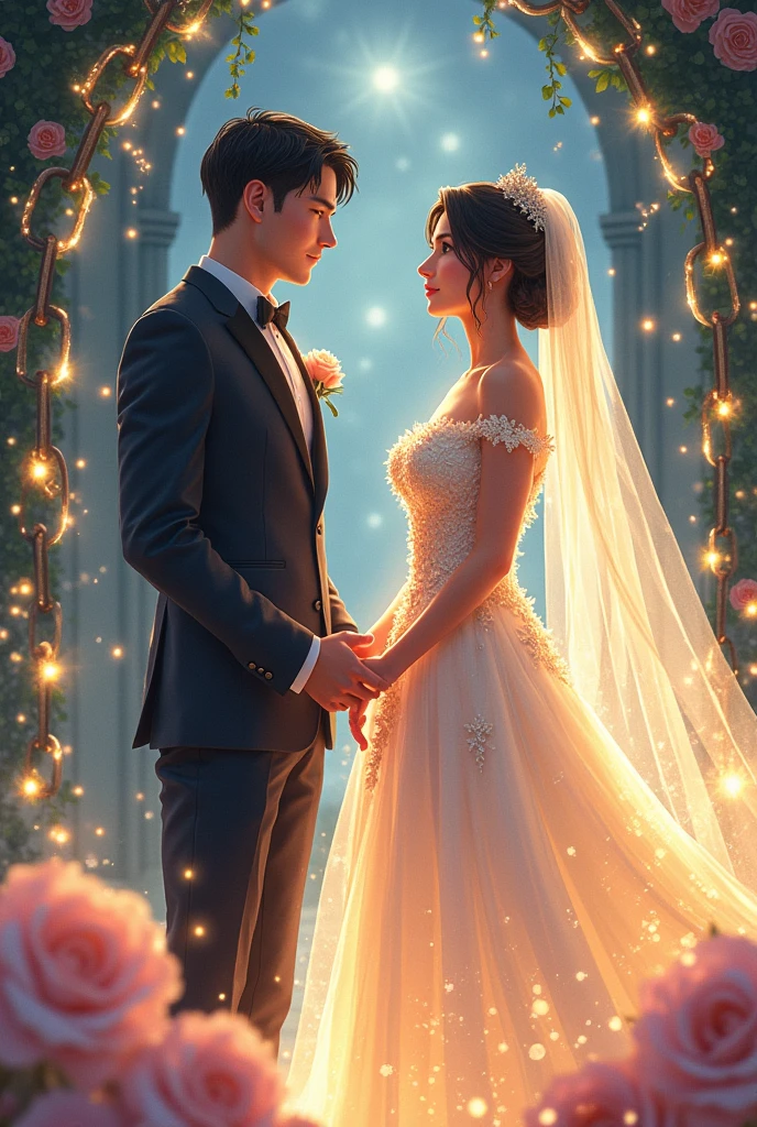 watercolor anime comic art, Clyde Caldwell art of a groom in his wedding day held by a chain to his bride, a beautiful, sexy bride, with radiant chains, divine chains, links of the chain glow, cinematic light, High Detail, Ultra High Quality, High Resolution, 16K Resolution, Ultra HD Pictures, 3D rendering Ultra Realistic, Clear Details, Realistic Detail, Ultra High Definition,