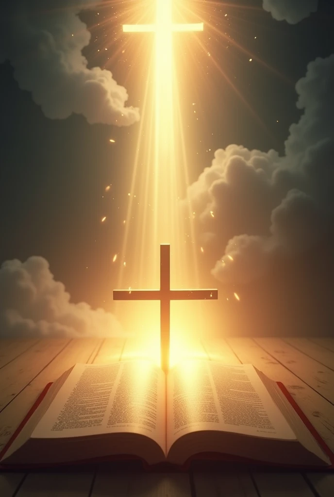 Light coming out of Bible with the cross in the middle and holy spirit on top