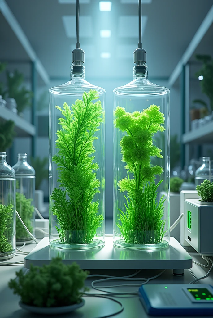create an image of a model for this experiment research topic “The Efficacy of Algae’s Photosynthetic Ability to Produce Electricity by an Examination of Bioconversion Efficiency”, it should included wirings, containers and algae species. it should really look like experiment. it should be in a lab