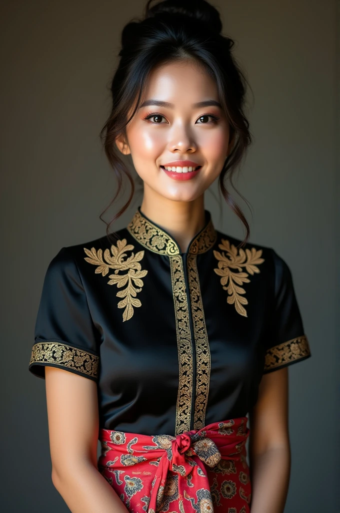 photography of a 25 year old Indo-Korean woman, wearing a tight black kebaya Bali with gold motifs, batik sarong, hair in a bun, beautiful symmetrical face, beautiful make-up, rosy cheeks, plump body, firm and large breasts, wide hips, slim waist, smiling at the camera, portrait shot