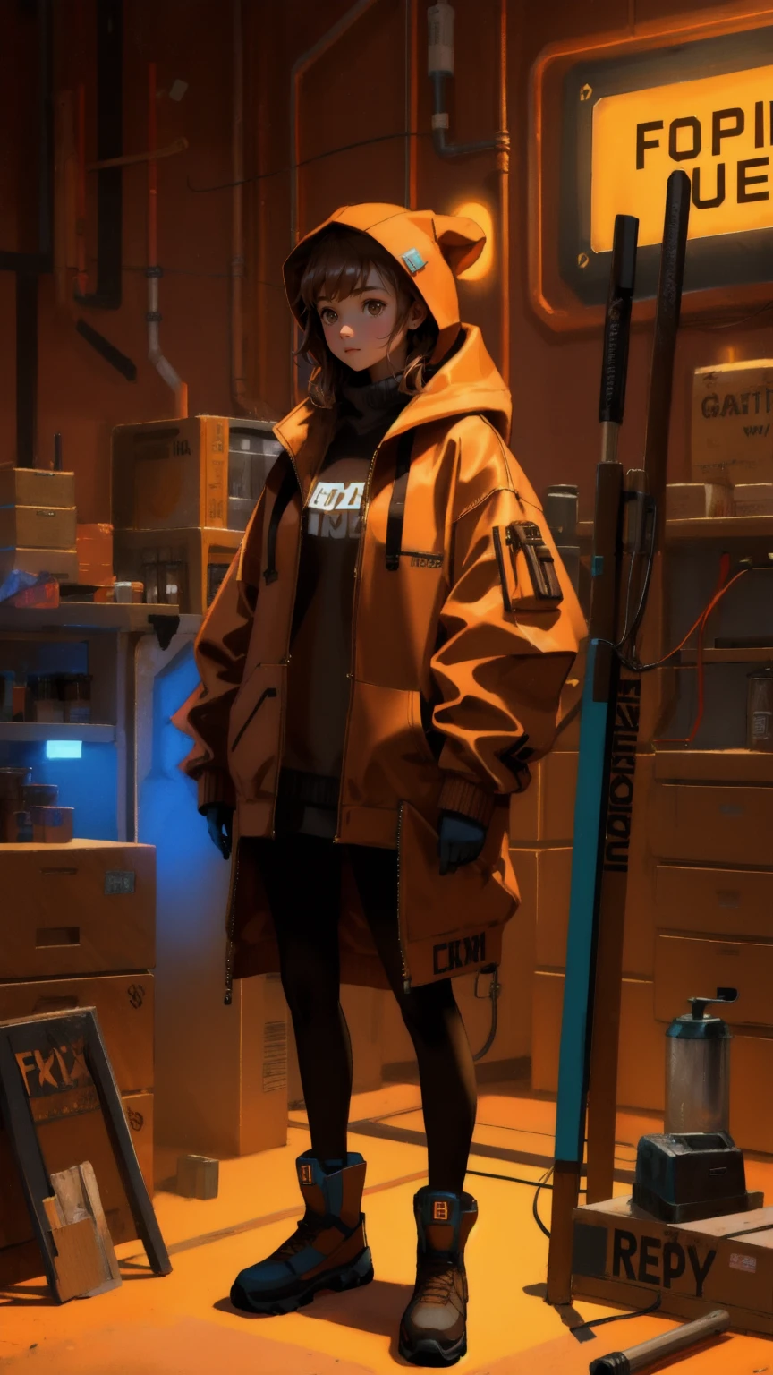 A curious girl in a cozy brown hoodie, standing in front of a mysterious, glowing sign that reads "Permanent Temporary Fix." She is surrounded by floating tools and gadgets, with a warm, earthy background that reflects the complexity of the situation.