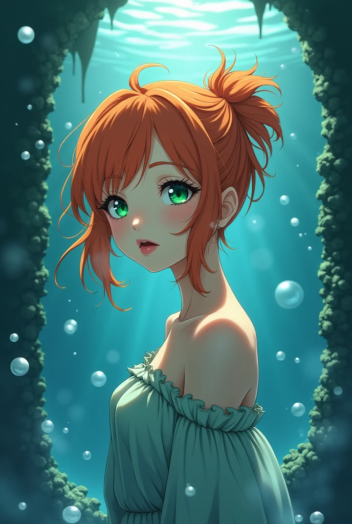 Wallpaper,masterpiece,High resolution,8K, anime
(Misty_Pokemon)(1 18-year-old girl)
(Orange Hair,one side up hair,Big green eyes,Small breasts,Skinny) cute girl,
I can feel the spirit in my eyes. ((Amazingly absurd)), Attention to detail, high quality, A sunken ruin、Girl in the water、Surrounded by bubbles、A world of deep blue、Overall, a work in deep blue tones