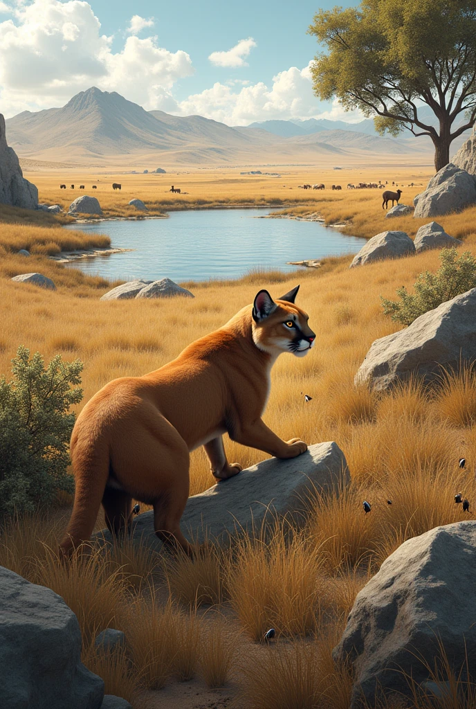Patagonian steppe ecosystem where there is a puma, camuflado entre el pastureland, in an attack position that is observing a flock of sheep in the distance
, laguna, loose rocks, pastureland, a tree with few leaves, sun, some insects on a rock and a group of 3 Guanacos on the other side of the lagoon isolated from the pumas and sheep
