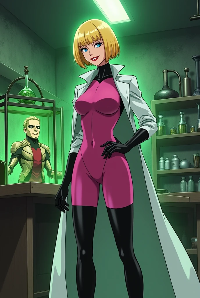 Anime style, Sultry and Beautiful young woman with a soul of pure evil and hatred. Short blonde hair that covers her left eye and blue eyed supervillain dressed in a sleek skintight pink bodysuit, long black gloves and black calf high boots. A long white lab coat over her bodysuit competes the look. She is posing and emanating green energy. She has a smile crossing her thin red lips. The setting is a dirty laboratory with a captured costumed hero in a cage. She is creating poisons in a lab.