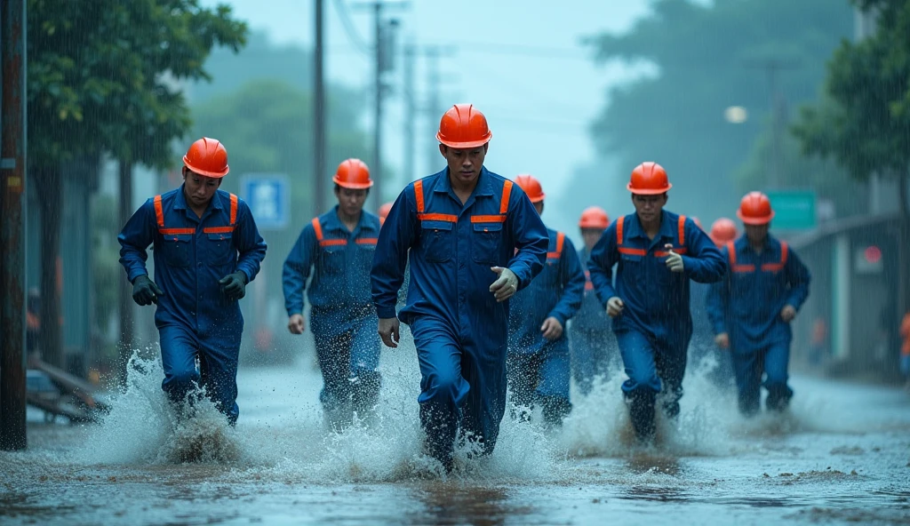 Running in the flood,Maintaining the power grid,Running in neat queue,Power grid repair,Wide-angle lens,Rural China,rainstorm,hurricane,Chaotic scenes,Blue overalls with orange embellishment,helmet,Capturing facial expressions,Flood fighting,Strong composition,City flooding,Challenge nature,中国联通工作人员rainstorm中奔跑,Magnificent picture,Ruthless Wind,Heavy rain,Tense atmosphere,Motion capture,High contrast,Side Light,Fast shutter speed,Chaos and Order,Blue tint,Splashing water,Strength and unity。