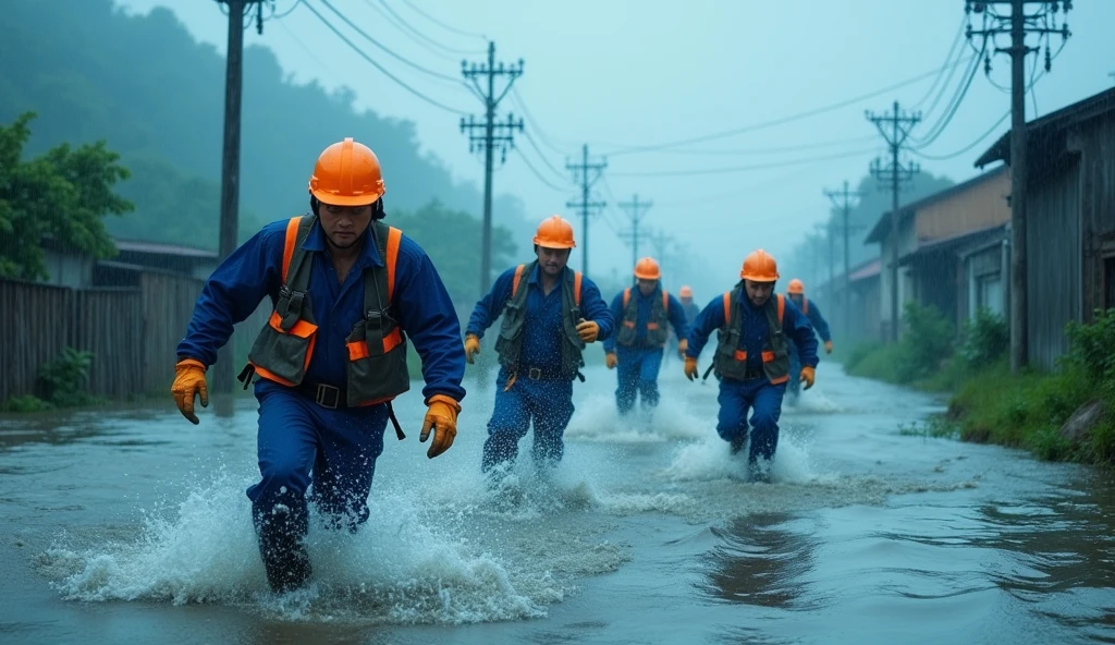 Running in the flood,Maintaining the power grid,Running in neat queue,Power grid repair,Wide-angle lens,Rural China,rainstorm,hurricane,Chaotic scenes,Blue overalls with orange embellishment,helmet,Capturing facial expressions,Flood fighting,Strong composition,City flooding,Challenge nature,中国联通工作人员rainstorm中奔跑,Magnificent picture,Ruthless Wind,Heavy rain,Tense atmosphere,Motion capture,High contrast,Side Light,Fast shutter speed,Chaos and Order,Blue tint,Splashing water,Strength and unity。