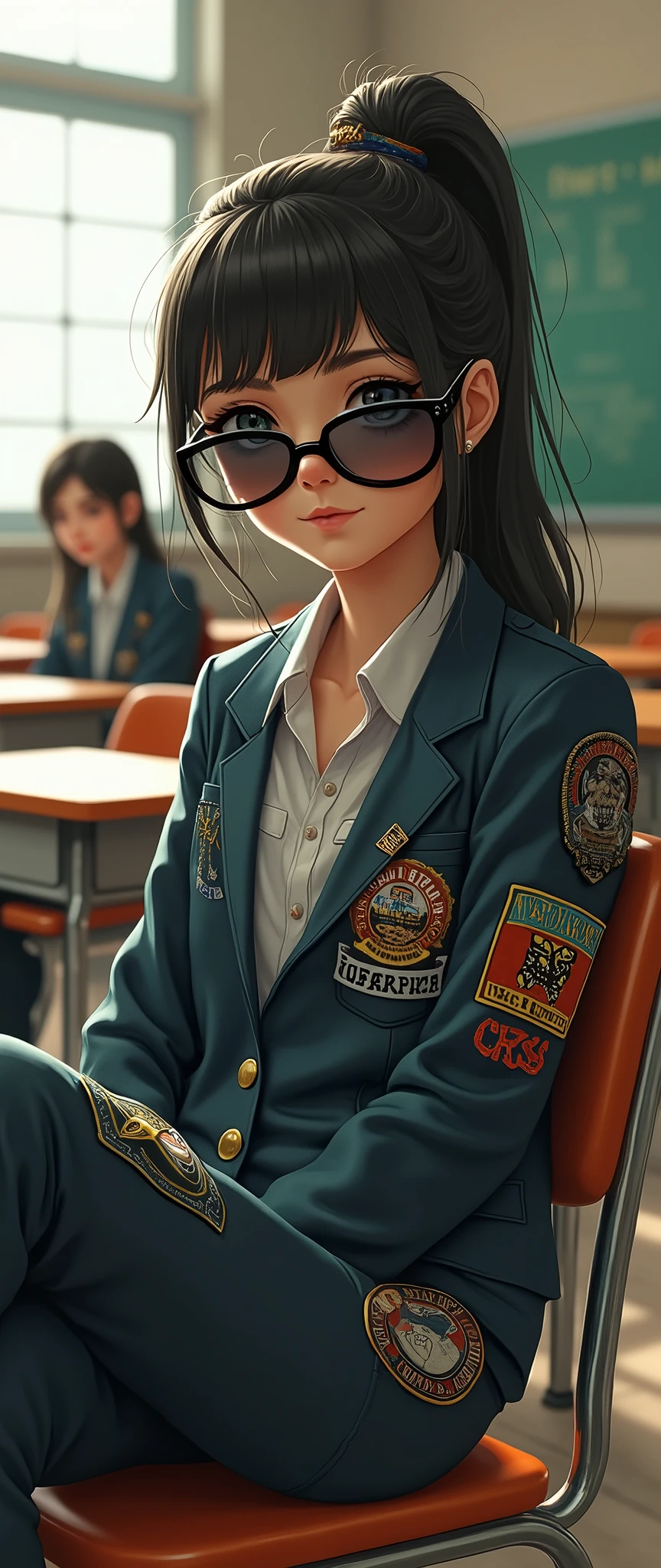 (16, sly, arrogant) sits at the back of the classroom. Her school blazer, part of the uniform, is customized with hip-hop motifs – patches, pins, and graffiti-like designs. She's lounging casually on her chair, turned backwards, with her legs stretched out under the desk. Her sunglasses, oversized and reflective, hide her eyes, but her smirk is unmistakable. Her posture exudes swagger