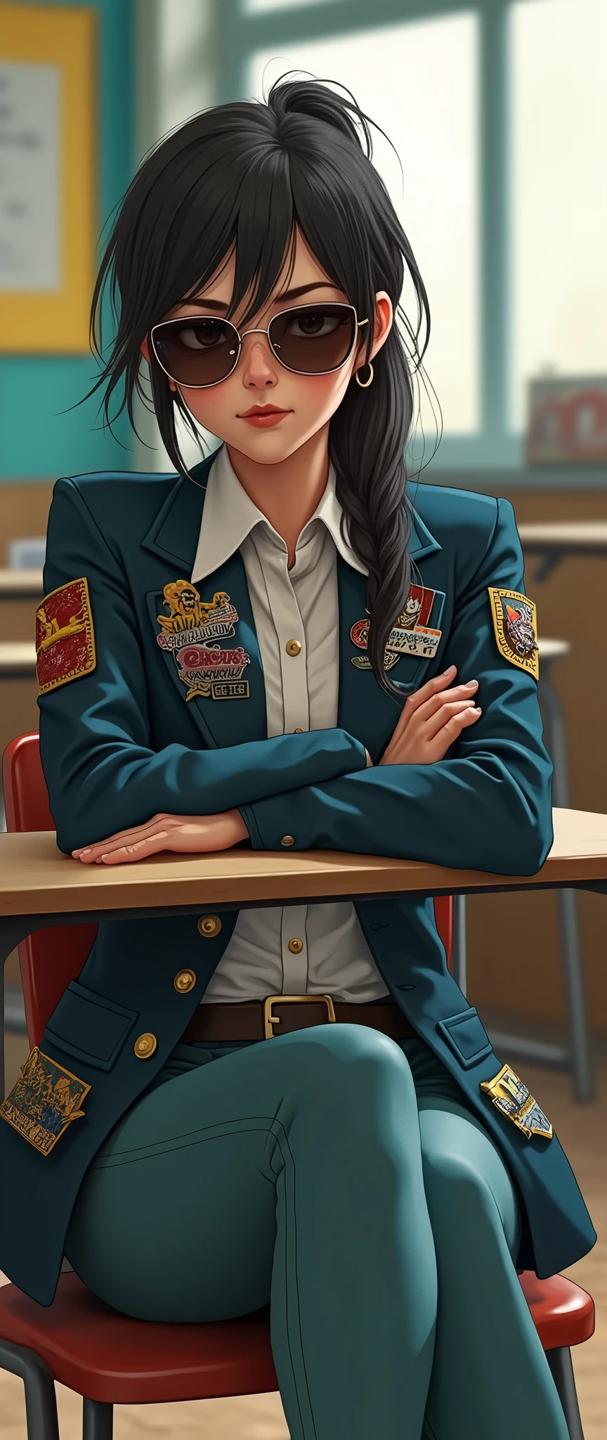 (16, sly, arrogant) sits at the back of the classroom. Her school blazer, part of the uniform, is customized with hip-hop motifs – patches, pins, and graffiti-like designs. She's lounging casually on her chair, turned backwards, with her legs stretched out under the desk. Her sunglasses, oversized and reflective, hide her eyes, but her smirk is unmistakable. Her posture exudes swagger
