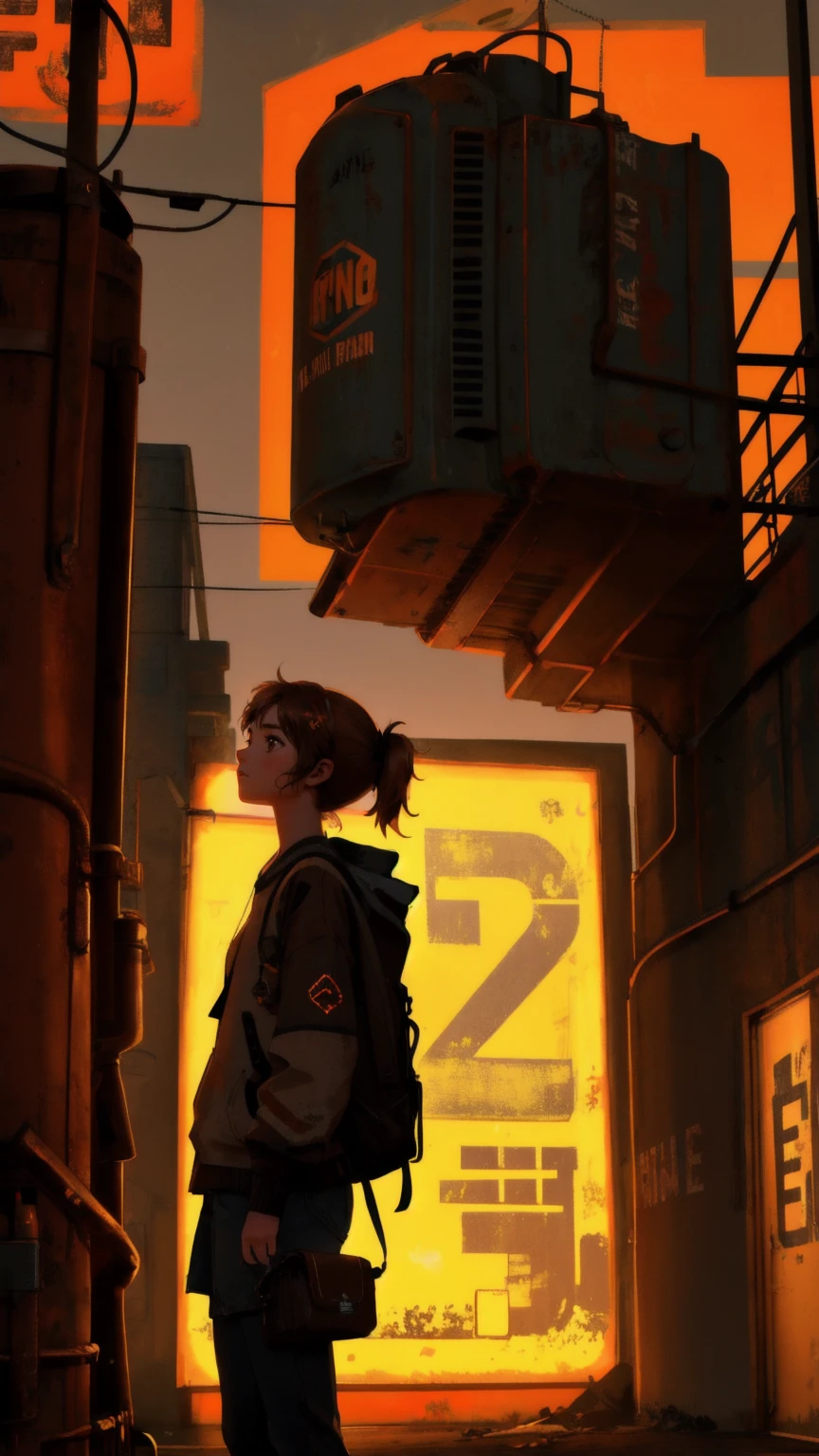 A determined young girl with a backpack full of tools, gazing up at a large, rusted sign that says "Permanent Temporary Fix" in glowing letters. The scene is set in an old, industrial area with a brownish hue, where the girl seems ready to tackle a challenging, yet temporary, fix
