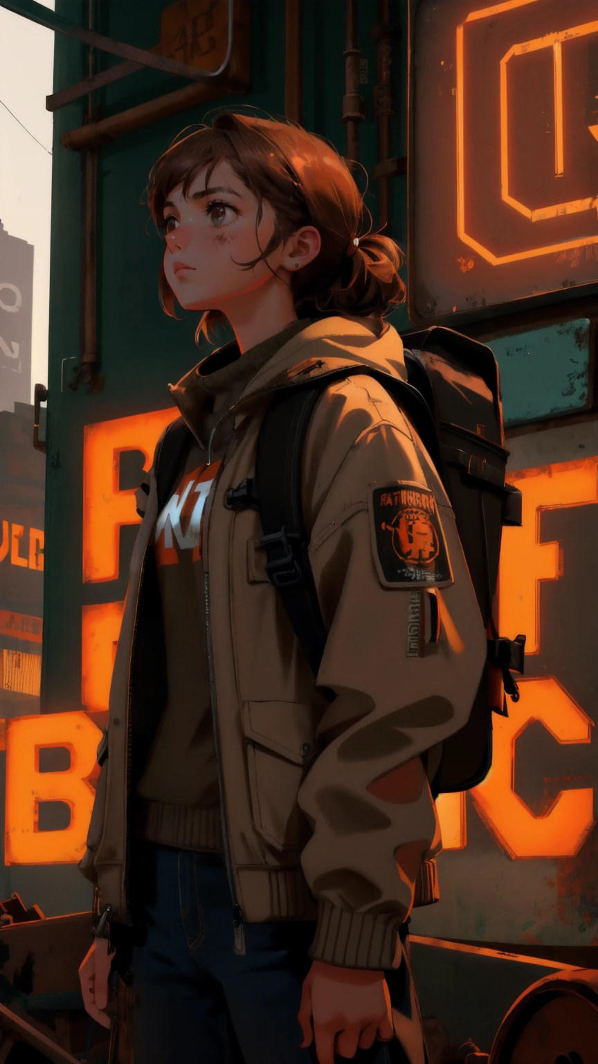 A determined young girl with a backpack full of tools, gazing up at a large, rusted sign that says "Permanent Temporary Fix" in glowing letters. The scene is set in an old, industrial area with a brownish hue, where the girl seems ready to tackle a challenging, yet temporary, fix