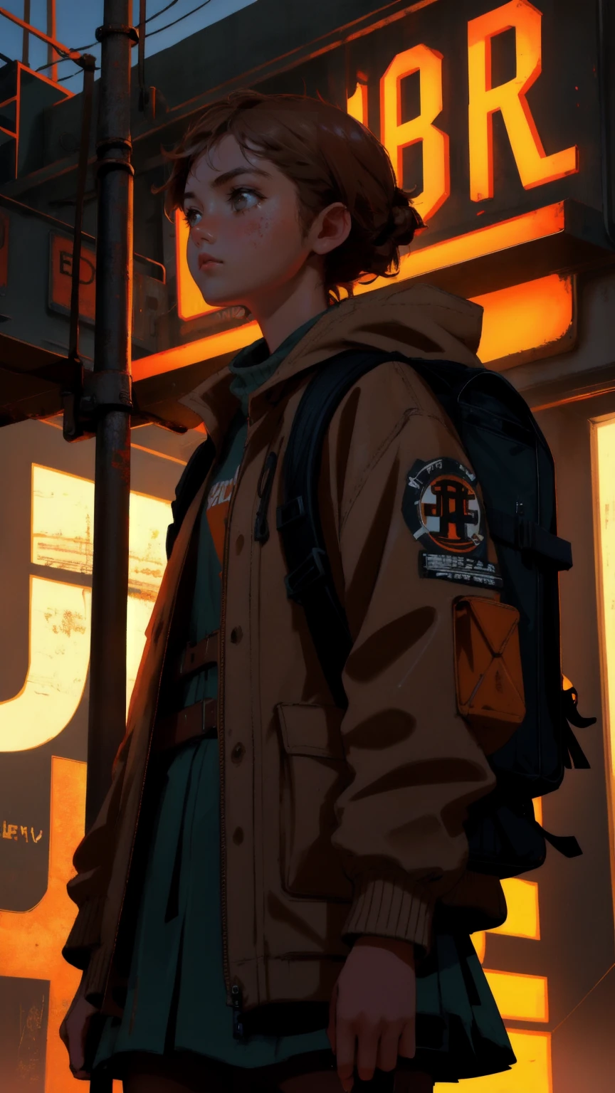 A determined young girl with a backpack full of tools, gazing up at a large, rusted sign that says "Permanent Temporary Fix" in glowing letters. The scene is set in an old, industrial area with a brownish hue, where the girl seems ready to tackle a challenging, yet temporary, fix