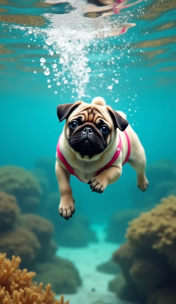 realistic photo, 34k, A puppy pug in swimming trunks, diving to the bottom of the sea, he exhales air and creates bubbles from under the water, photo