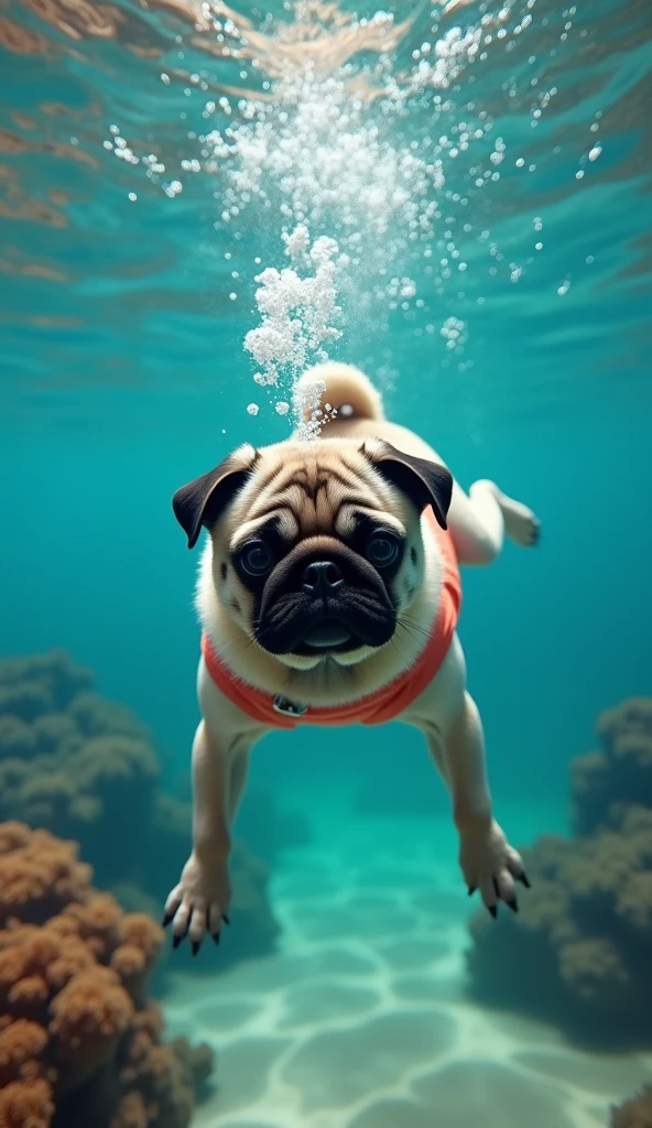 realistic photo, 34k, A puppy pug in swimming trunks, diving to the bottom of the sea, he exhales air and creates bubbles from under the water, photo