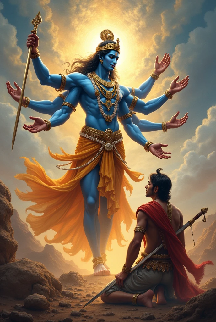 Shri krishna in his universe form giving knowledge of Geeta to Arjun bend down on his knee in the battlefield 