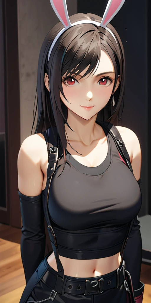 (((((tifa lockhart:1.5))))),((Highest quality、masterpiece、anime style、best quality、high resolution、8k、detailed、ultra-detailed:1.3))、Long legs:1.2, Beautiful woman with perfect figure:1.4、(Smiling:1.2), double eyelid、30-year-old female、((((One Woman,beautiful face,Beautiful face:1.5)))),Big Breasts、High resolution, accurate, Anatomically correct, High-resolution model, high quality, Very detailed, Ultra high definition、Black Hair、Straight Hair、Long Hair、(((Bunny girl、Bunny ears headband:1.1)))