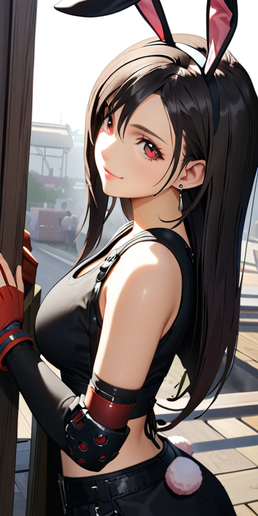 (((((tifa lockhart:1.5))))),((Highest quality、masterpiece、anime style、best quality、high resolution、8k、detailed、ultra-detailed:1.3))、Long legs:1.2, Beautiful woman with perfect figure:1.4、(Smiling:1.2), double eyelid、30-year-old female、((((One Woman,beautiful face,Beautiful face:1.5)))),Big Breasts、High resolution, accurate, Anatomically correct, High-resolution model, high quality, Very detailed, Ultra high definition、Black Hair、Straight Hair、Long Hair、(((Bunny girl、Bunny ears headband:1.1)))