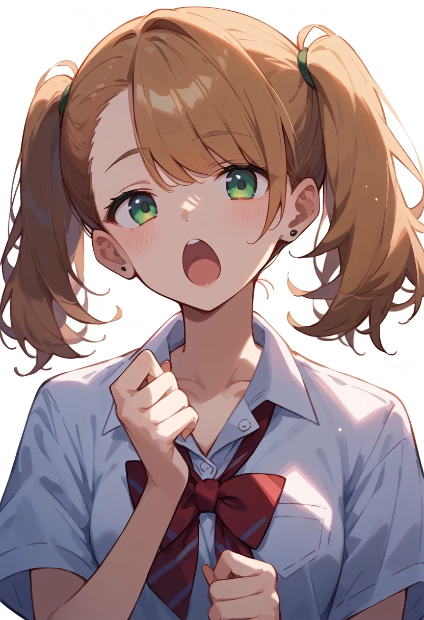 masterpiece, (score_9,score_8_up,score_7_up,score_6_up), 1 girl, green eyes, little sassy, bitch / cockslut / whore, skinny, tsurime, asymmetrical bangs, twintails, (blond hair:1.3), (school uniform), (white collared shirt, plain pattern shirt, short sleeves, shirt tucked in:1), (red plain pattern narrow neck ribbon:1.2), brown loafers, white loose socks ,indian style,yawn,