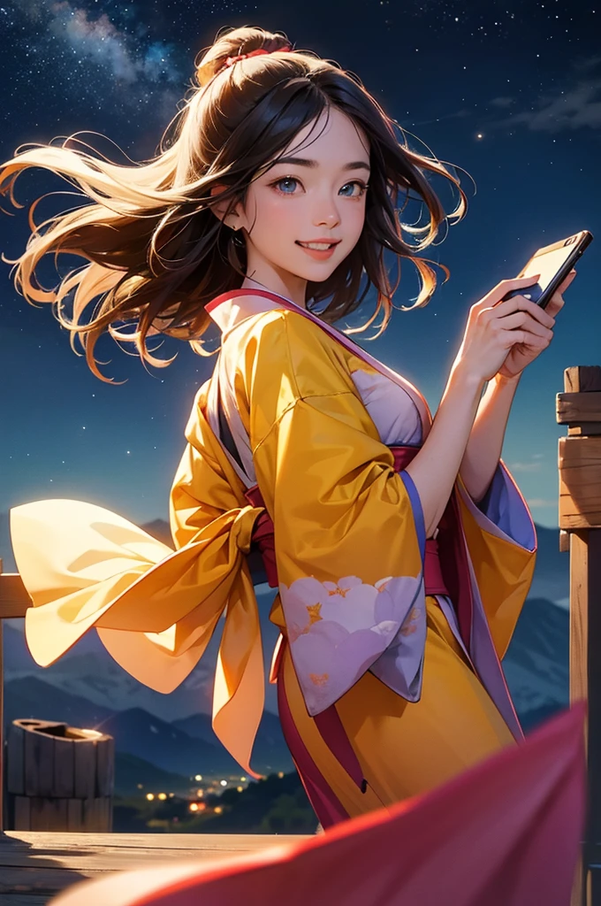 anime style, super fine illustration, highly detailed, dynamic angle, beautiful detailed, 8k, On a summer night, at the observatory at the top of the mountain, BREAK A the Japanese clothing young girl with a smile., transfixed by the beautiful night view of the city, is taking a selfie. Her eyes are shining and she is smiling. BREAK The night view sparkles in the background.