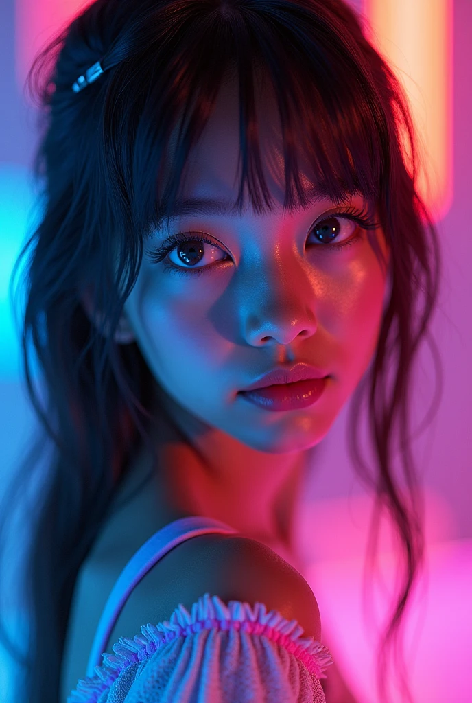 Fluorescent Color,Colored fluorescent 1 girl, Look to the side, Pretty Face, beautiful eyes, (Shoulder: 1.2), Upper Body, Shiny hair,dramatic_shadow, Light_track, reflection, Ultra-high resolution, laser