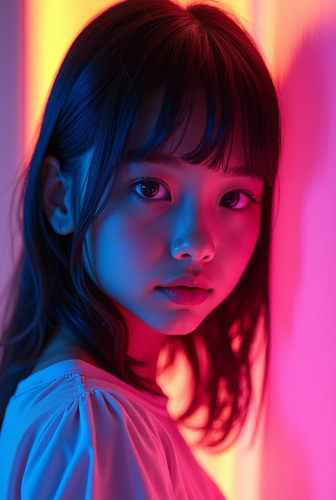 Fluorescent Color,Colored fluorescent 1 girl, Look to the side, Pretty Face, beautiful eyes, (Shoulder: 1.2), Upper Body, Shiny hair,dramatic_shadow, Light_track, reflection, Ultra-high resolution, laser