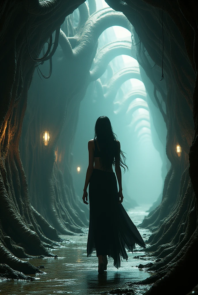 a female character based on the protagonist of the film "The Raven" Walk inside a ship based on the alien ship from the movie "alien" and Giger's work