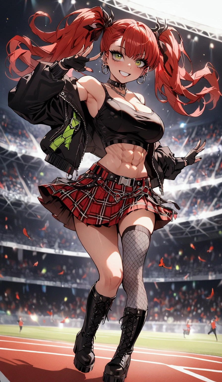 woman, grin, curly red hair in pig tails with ribbons, green eyes, black eyeshadow, wearing crop top black shirt, black jacket, red plaid skirt, black knee high boots, black fingerless gloves, exposed shoulders, large breasts, freckles, abs, cleavage, looking up at viewer, masterpiece, best quality, Holo-Punk Style, dancing on stage in a stadium, make up, eyelashes, fish net undershirt, fish net stockings, (full body)