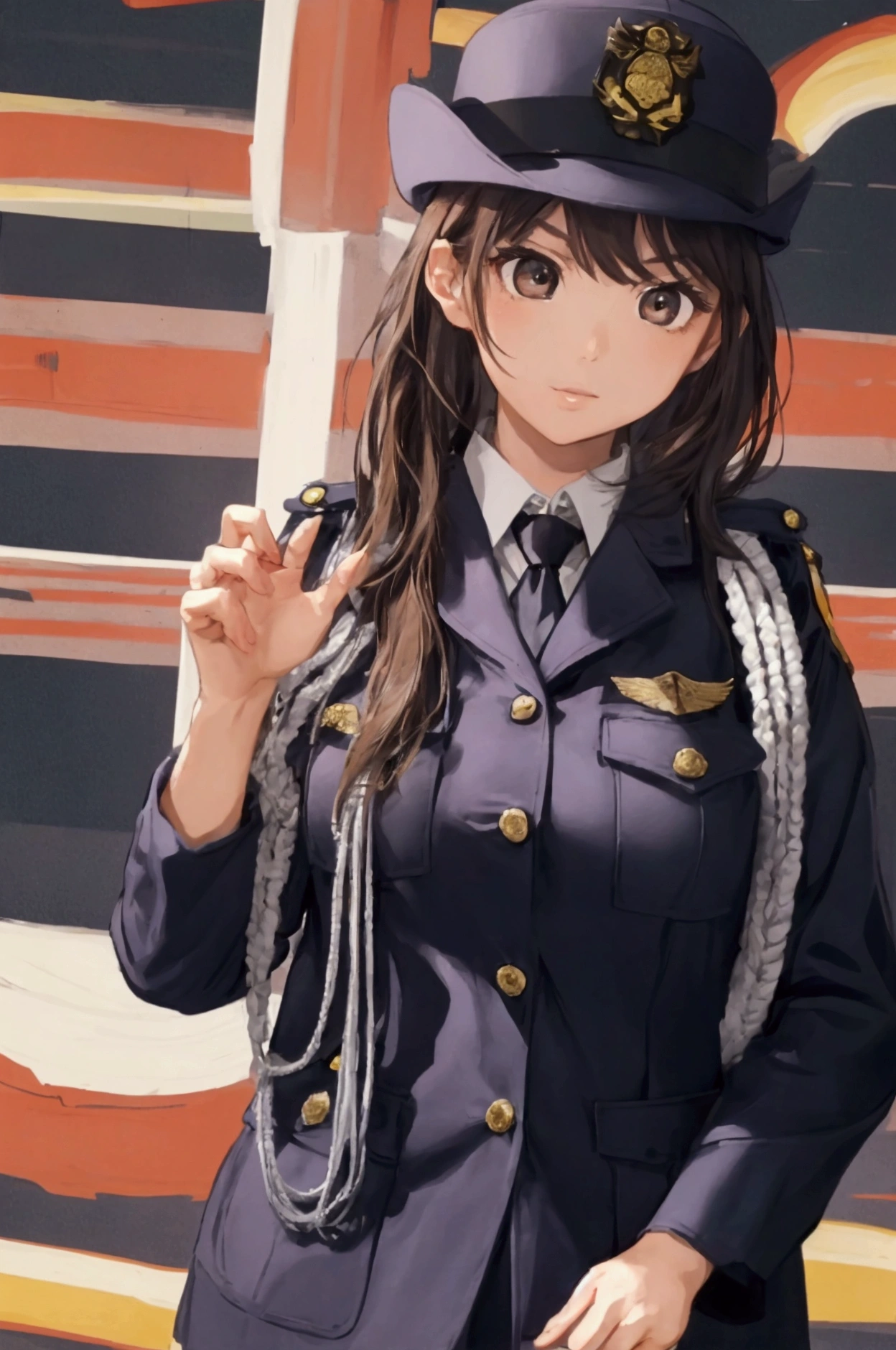 (ultra highres、ultra quality、Masterpiece、8k、5 fingers、),A girl with light hair drawn in high resolution policewoman.japannse police woman、Young and cute 、Asian woman,s hot, Japanese Model, Cute Core, , Chubby、wear a hat 、big breast、Town