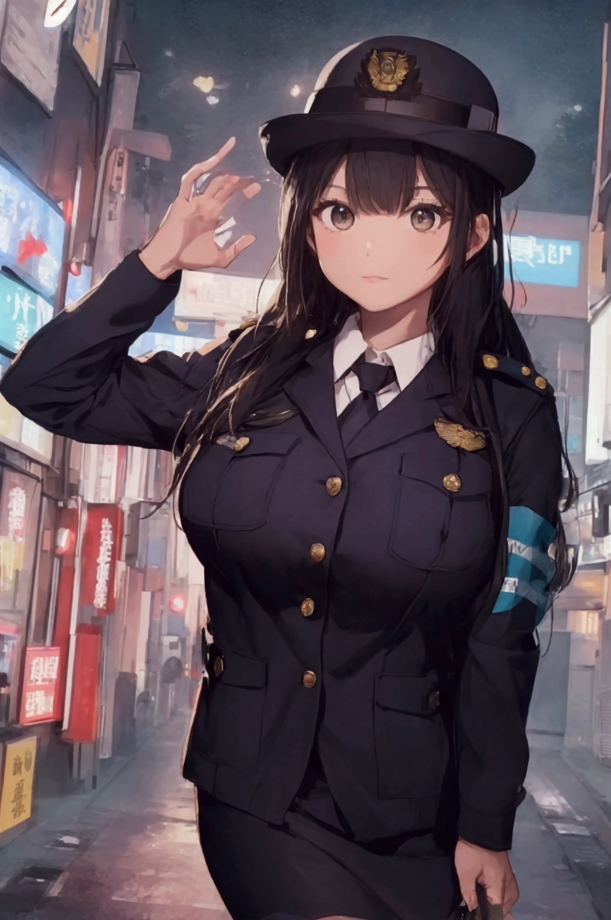 (ultra highres、ultra quality、Masterpiece、8k、5 fingers、),A girl with light  hair drawn in high resolution policewoman.japannse police woman、Young and cute 、Asian woman,s hot, Japanese Model, Cute Core,  , Chubby、wear a hat 、big breast、Town