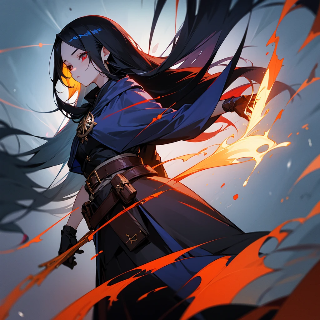woman, female, delightful, long hair, shiny hair, straight hair, blue accent black hair, red eyes, pale skin, glamorous, skirt, black cloak, gloves, belt, waist pouch, wizard, cute, fantasy, face