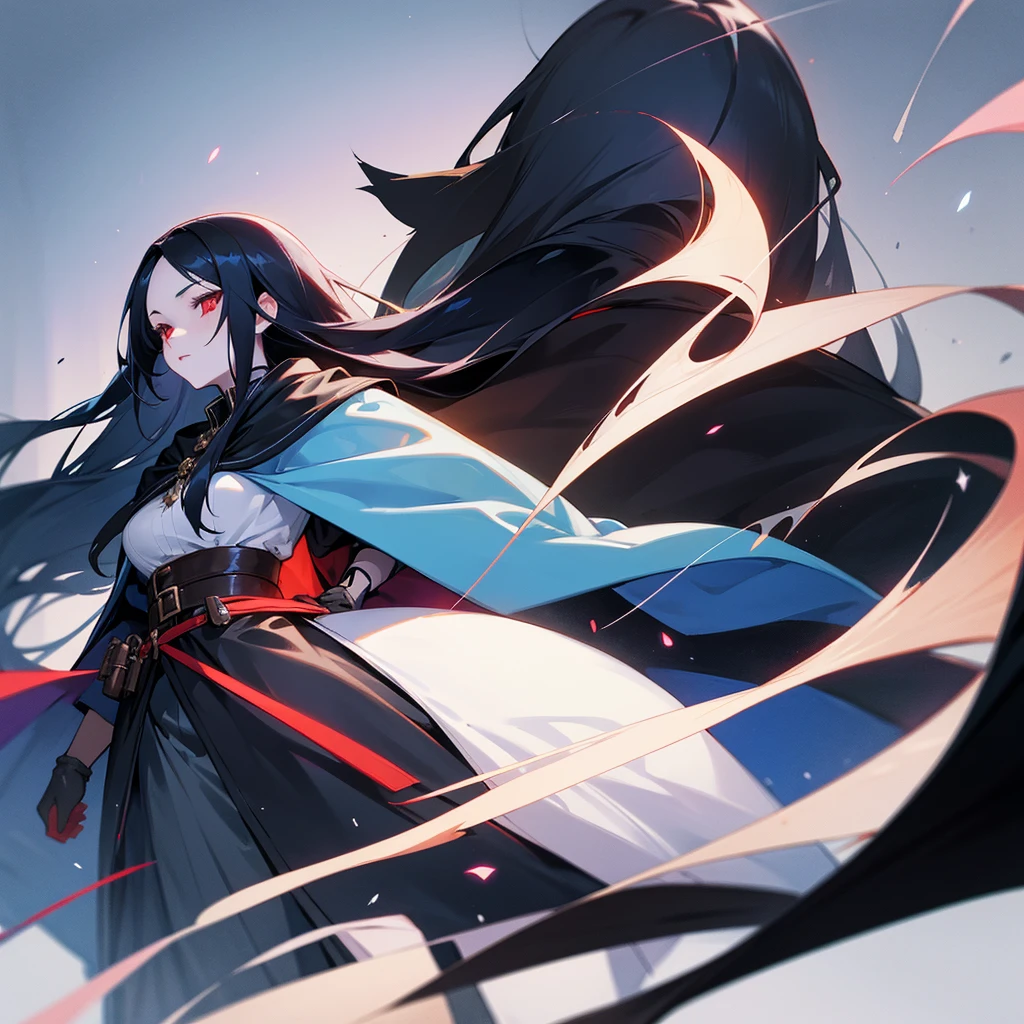 woman, female, delightful, long hair, shiny hair, straight hair, blue accent black  hair, red eyes, pale skin, glamorous, skirt, black cloak, gloves, belt, waist pouch, wizard, cute, fantasy, face
